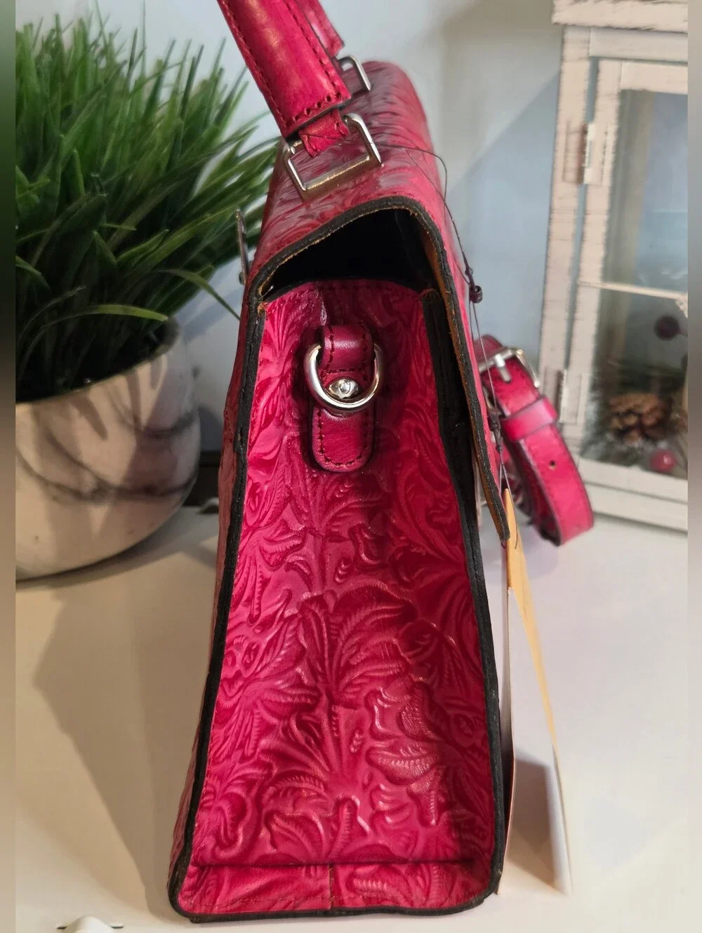 Patricia Nash Chauny Satchel in Magenta Tooled Leather